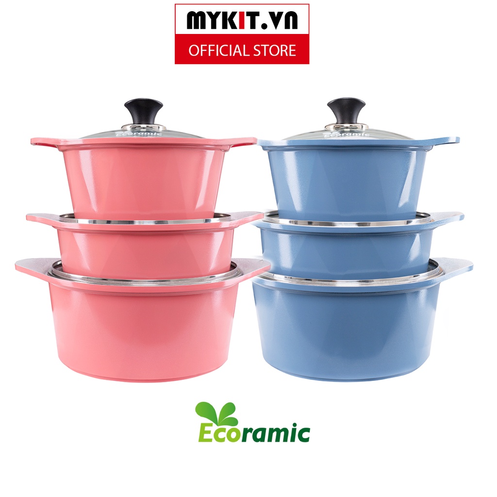Bộ 3 nồi đúc từ ecoramic kích thước 20cm, 22cm, 24cm sài trên mọi loại bếp /tặng kèm 1 cặp nhấc nồi silicon- mykit.vn - XANH DƯƠNG