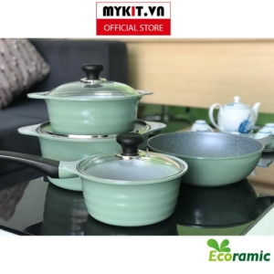 Bộ 4 nồi đúc Ecoramic Sky Pot (Tặng 1 cặp nhấc nồi Silicon)- Mykit Store - xanh rêu