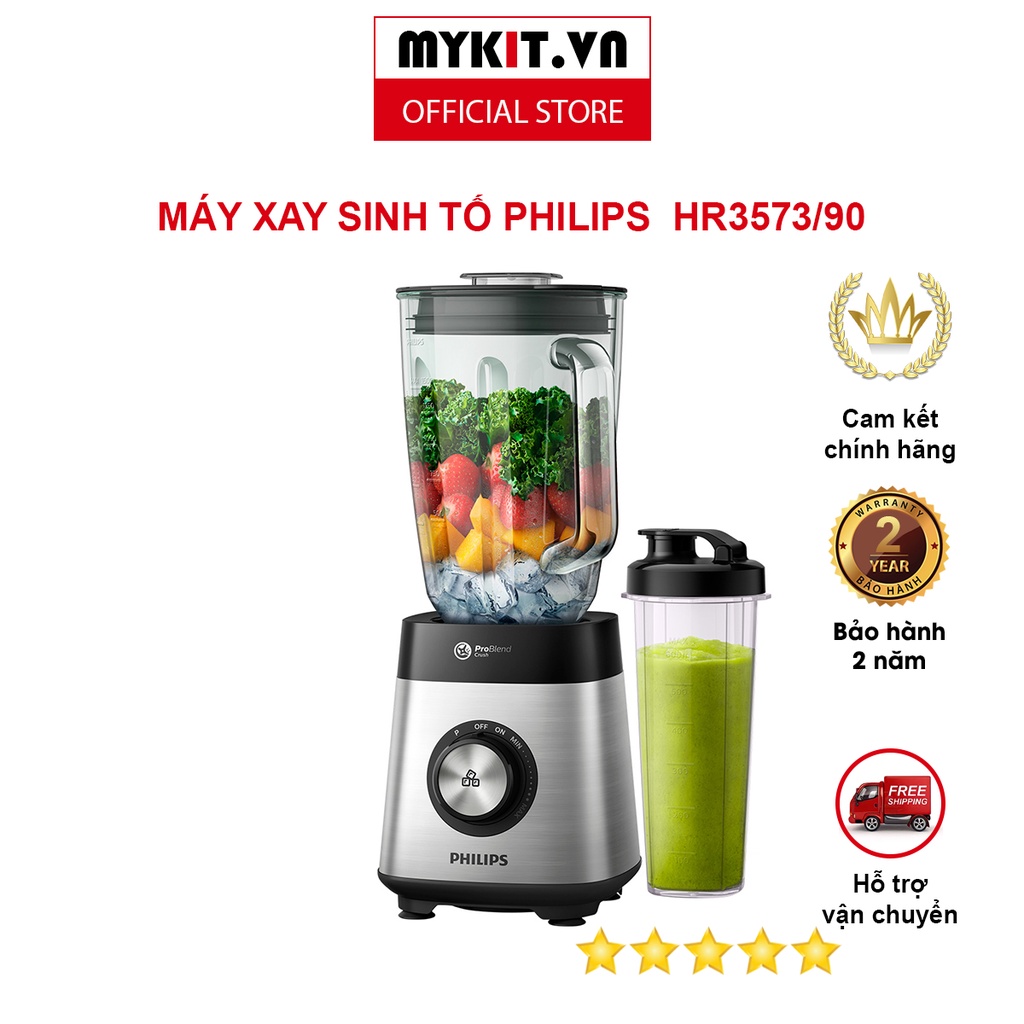 Máy xay sinh tố Philips HR3573, 1000W, Tặng kèm 1 ly - Mykit Store - 1. Máy sinh tố (full